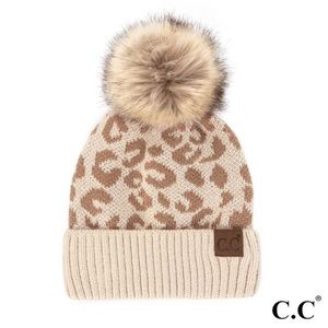 C.C Leopard Print Beanie with Faux Fur Pom - Beige